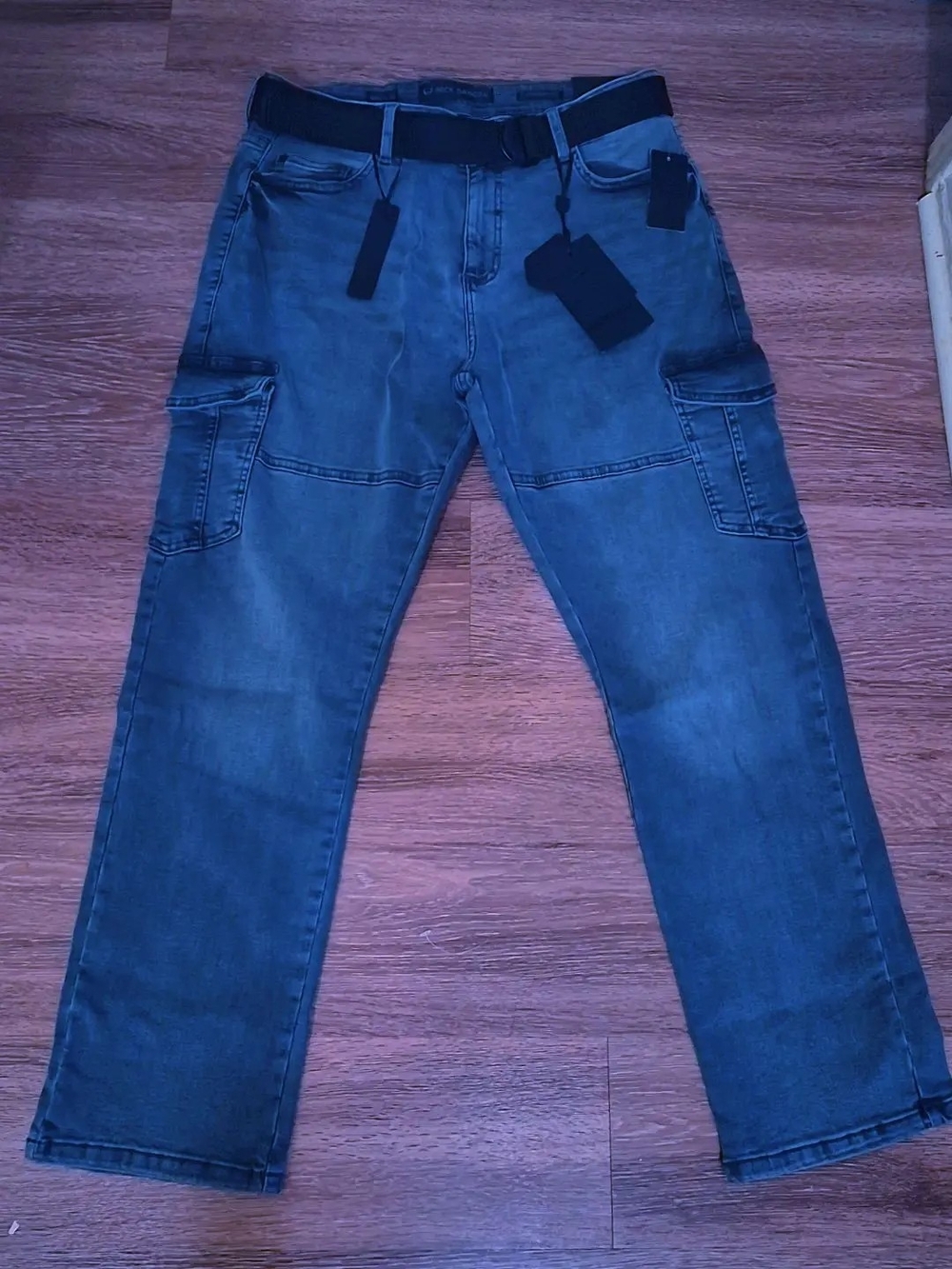 Relaxed Fit Men's Blue Cargo Jeans with Belted Waist